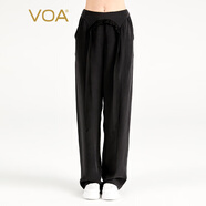 VOA30姆米重磅桑蠶絲黑色自然腰木耳邊飄帶口袋簡約真絲直筒褲 KE919 北角夜色（B08） L