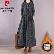 皮爾卡丹（pierre cardin）高檔棉麻連衣裙女2025春秋冬民族風(fēng)碎花亞麻長(cháng)裙大碼長(cháng)袖加絨加厚 綠色/加絨加厚（即將售罄） L 【建議110-125斤】