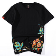 簡(jiǎn)拓夏季新品新款中國(guó)風(fēng)刺繡印花純棉短袖T恤 男女寬松大碼情侶半袖衫 2017黑色 3XL碼