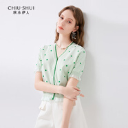 秋水伊人氣質(zhì)波點(diǎn)V領(lǐng)針織開衫2024夏季新款女裝設(shè)計(jì)感短袖上衣 果綠 M