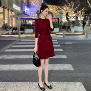 SXA香港潮牌七分袖氣質(zhì)連衣裙女秋季新款小個子名媛打底A字裙子宴席 酒紅色 M