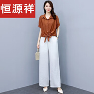 恒源祥媽I媽休閑棉麻套裝女新款夏裝時(shí)尚減齡洋氣亞麻墜感闊腿褲兩件裝 高檔女裝高檔女裝衣服：焦糖色 2XL 高檔女裝高檔女裝衣服：