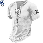 攜魚(yú)2025跨境男士亨利t恤圖形號碼亨利服裝服飾3D印花氣眼穿繩男短袖 白色 胸前繩子都是黑色 XL 偏大一個(gè)碼建議選小一碼