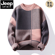 JEEP SPIRIT冬季新款圓領(lǐng)加厚毛衣男針織衫幾何潮牌長(zhǎng)袖衣服男士打底衫歐美男 粉色 3XL