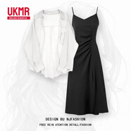 UKMR夏季套裝女2025新款大碼穿搭防曬雪紡襯衫上衣配吊帶連衣裙兩件套 白色襯衫+黑色連衣裙【兩件套】 XL 【建議120-140斤】