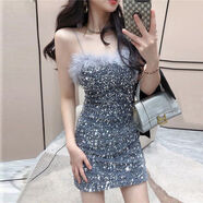 PZCL夜店連衣裙辣妹富家小千金性感包臀黑色修身打底亮片吊帶子女秋冬 銀色 【024款 3XL（135斤145斤）