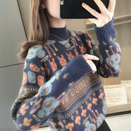 施洛瀾（SINO LOVE）加厚毛衣女裝秋冬2025新款寬松針織上衣洋氣半高領(lǐng)打底衫慵懶外穿 藏青色 均碼 建議90-135斤
