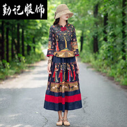勤記民族風(fēng)連衣裙云南少數(shù)民族女裝夏季兩件套裝旅游穿搭演出服裝 藏藍花 2XL _[建議105-115斤左右]