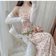 詩(shī)威琪2024新款溫柔淑女吊帶裙甜美碎花連衣裙女冰絲兩件沙灘度假長(cháng)裙子 粉色單條裙+白色開(kāi)胸衫 XL【120-130】