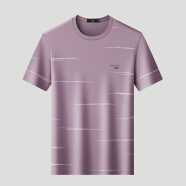 鳄鱼恤（CROCODILE）夏季条纹撞色气质中青年男士短袖T恤 浅紫 46