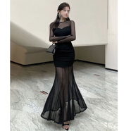 兔嵐胖妹妹性感連衣裙加大碼300斤純欲辣妹網(wǎng)紗女裝秋季胖mm修身顯瘦 黑色 2XL 建議150-200斤