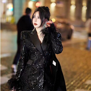名媛輕奢風亮片西服2024春季新款時尚百搭修身袖口毛拼接小西裝 黑色 s