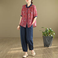 TCMUH棉麻套裝女高端中老年媽媽裝襯衫棉麻韓版大碼復古民族風(fēng)兩件套夏 玫紅上衣+藍色褲 XL 135150斤
