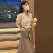 蕭遇（XIAOYU）2025年春天夏季新款女士兩件套裝連衣裙小個子穿搭配時尚氣質(zhì)衣服 白色上+咖色裙子 XL 115-125斤