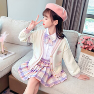 JK兒童jk格裙可愛粉色毛線開衫格子短裙女孩百褶裙學(xué)院風(fēng)幼童三件套 粉色 三件套(襯衫+裙子+外套) 110碼 建議身高110cm