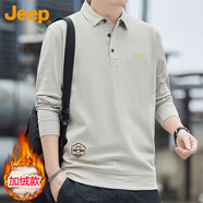 吉普（JEEP）長袖T恤男士春秋季polo寬松休閑打底衫衣服男裝 卡其加絨 L 