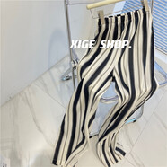 南啵丸棉麻豎條紋直筒休閑褲女夏季2022新款高腰顯瘦薄款寬松闊腿褲長(cháng)褲 黑白條紋 m