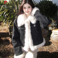 皮爾卡丹感復古毛毛拼接加厚牛仔外套女冬季大毛領加絨棉服夾克上衣潮 黑色 【加絨加厚加棉 S