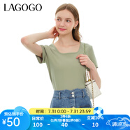 lagogo淺綠色法式方領(lǐng)高級感T恤女拉谷谷夏新款修身簡(jiǎn)約純色上衣 淺綠色(L8) S