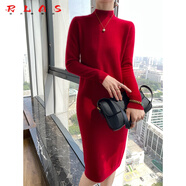 RLAS中長款100%純羊毛連衣裙女半高領(lǐng)秋冬新款毛衣裙時(shí)尚洋氣修身打底 櫻桃紅 L 170
