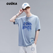 古由卡（GUUKA）SANK聯(lián)名白色短袖T恤男潮牌劉宇同款嘻哈純棉運動(dòng)半袖T寬松 天空藍F7065 XS