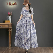 子牧棉麻夏裝 女復(fù)古文藝印花大擺裙V領(lǐng)顯瘦系帶長(zhǎng)款連衣裙7217 藍(lán)色 M(建議95-115斤)