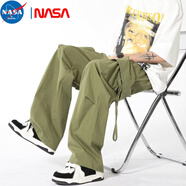 NASA MARVEL美式高街設(shè)計(jì)感工裝褲夏季hiphop嘻哈街舞闊腿休閑褲寬松拖地褲 軍綠色 XL