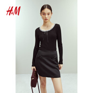 H&M女裝T恤2025夏季新款法式修身圓領(lǐng)蕾絲邊長袖內(nèi)搭上衣1272126 Black 160/88