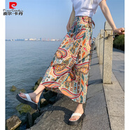 皮爾卡丹（pierre cardin）傣族裙子女西雙版納民族風印花開叉裹裙海邊度假一片式綁帶半身裙 藍黃唐草紋 均碼 系帶腰圍可調(diào)節(jié)