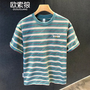 歐索狼美式潮牌重磅260g短袖t恤男2025夏季純棉寬松大碼拼色條紋體恤男 綠色 M （115-130斤）