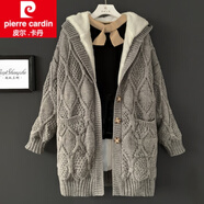 皮爾卡丹（pierre cardin）2025新減齡粗棒針麻花毛衣外套加絨加厚女秋冬寬松休閑中長(cháng)款連帽 雪花灰 全身加絨 M (100-120斤)