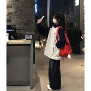 索菲堡 cityboy日系衛(wèi)衣女秋季復(fù)古撞色拼接長袖外套寬松休閑插肩袖上衣 白拼黑【加絨款】 M