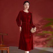 水墨佳人墨黛紫高級感長(cháng)袖100%桑蠶絲絲絨連衣裙女24秋新款氣質(zhì)通勤中長(cháng)裙 紅色 M (90-115斤)