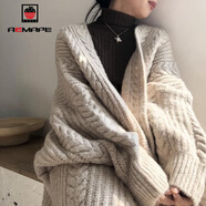 AEMAPE針織衫女2025春秋冬季新款毛衣開(kāi)衫復古時(shí)尚寬松麻花中長(cháng)款上衣 杏色 S _80-95斤