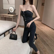 蘭威費雷小個子性感高腰抹胸牛仔連體褲女年早春裝新款修身洋氣小腳褲 黑色 L