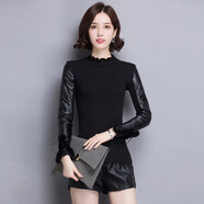 皮袖打底衫馬甲搭配高領(lǐng)毛衣女冬短款加絨加厚女裝配皮草的內(nèi)搭針織衫 短款花邊(袖子加絨) S