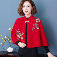 繼方 刺繡貂絨披肩女秋冬季加厚旗袍外搭冬天優(yōu)雅顯氣質(zhì)斗篷繡花婚禮宴會(huì)小披肩送媽媽 紅色