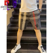 皮爾卡丹夏季冰絲薄款男士拼色休閑短褲網(wǎng)紅外穿潮流速干沙灘褲格子五分褲針織 紅條深咖色 28