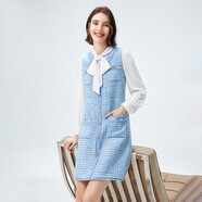 歐黎蔓（OULIMAN）法式小香風(fēng)連衣裙女2023新款春秋小個(gè)子氣質(zhì)長(zhǎng)袖格紋直筒裙 琉璃藍(lán) 160/84A/S