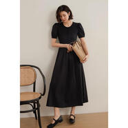 彌古黑色針織短袖拼接連衣裙高級感女夏赫本小黑裙收腰t恤裙長(cháng)裙 夜幕穆尼（黑色） S