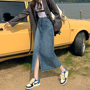 翊尚美開(kāi)叉牛仔半身裙女職場(chǎng)穿搭秋冬高腰中長(cháng)款a字半身裙小個(gè)子包臀裙 復古藍【春夏升級前開(kāi)叉款】 L 【推薦105-115斤腰圍72CM】