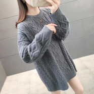 記述新款女裝中長(zhǎng)款寬松半高領(lǐng)加厚保暖毛衣女寬松慵懶風(fēng)撞色針織上衣 B款灰色 #M(建議85-95斤)