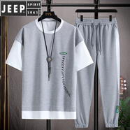 JEEP SPIRIT夏季冰絲青少年短袖t恤男高中初中學(xué)生寬松運(yùn)動套裝帥氣一套衣服 灰色上衣+灰色長褲 3XL 150-170斤