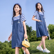 雅草人13中大童裙子2025新款夏季洋氣女童連衣裙小女孩牛仔裙15夏裝12歲 牛仔藍 150