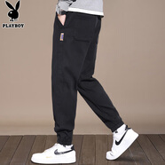 花花公子（PLAYBOY）休閑褲男2025年春夏季褲子男士寬松束腳衛(wèi)潮流長(zhǎng)褲 黑色 L