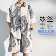 主意范（ZHUYIFAN）夏季大碼運動套裝男T恤涼感垂感冰絲短袖襯衫五分短褲潮兩件套 TZ068白色 M 80-105斤