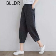 BLLDR 輕奢潮牌純棉格子休閑褲女2022夏季新款文藝復(fù)古寬松顯瘦百搭薄款哈倫褲七分褲子女褲夏褲潮 小格子 M 建議90-115斤