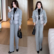 忻依美時(shí)尚套裝女2025冬季新款洋氣休閑棉服外套顯瘦闊腿褲兩件套潮 淺灰色 XL (115-125斤)