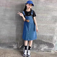 女童夏季連衣裙新款3-14歲小女孩洋氣牛仔裙中大童背帶裙套裝兒童時(shí)髦夏裝潮 愛心黑色打底衫 160cm