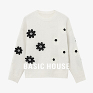 Basic House/百家好花朵刺繡套頭毛衣撞色圓領(lǐng)寬松上衣冬季保暖女 米白 S